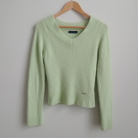 Y2K angora nylon blend fitted Medium V neck sweater top light apple green - Picture 1 of 15